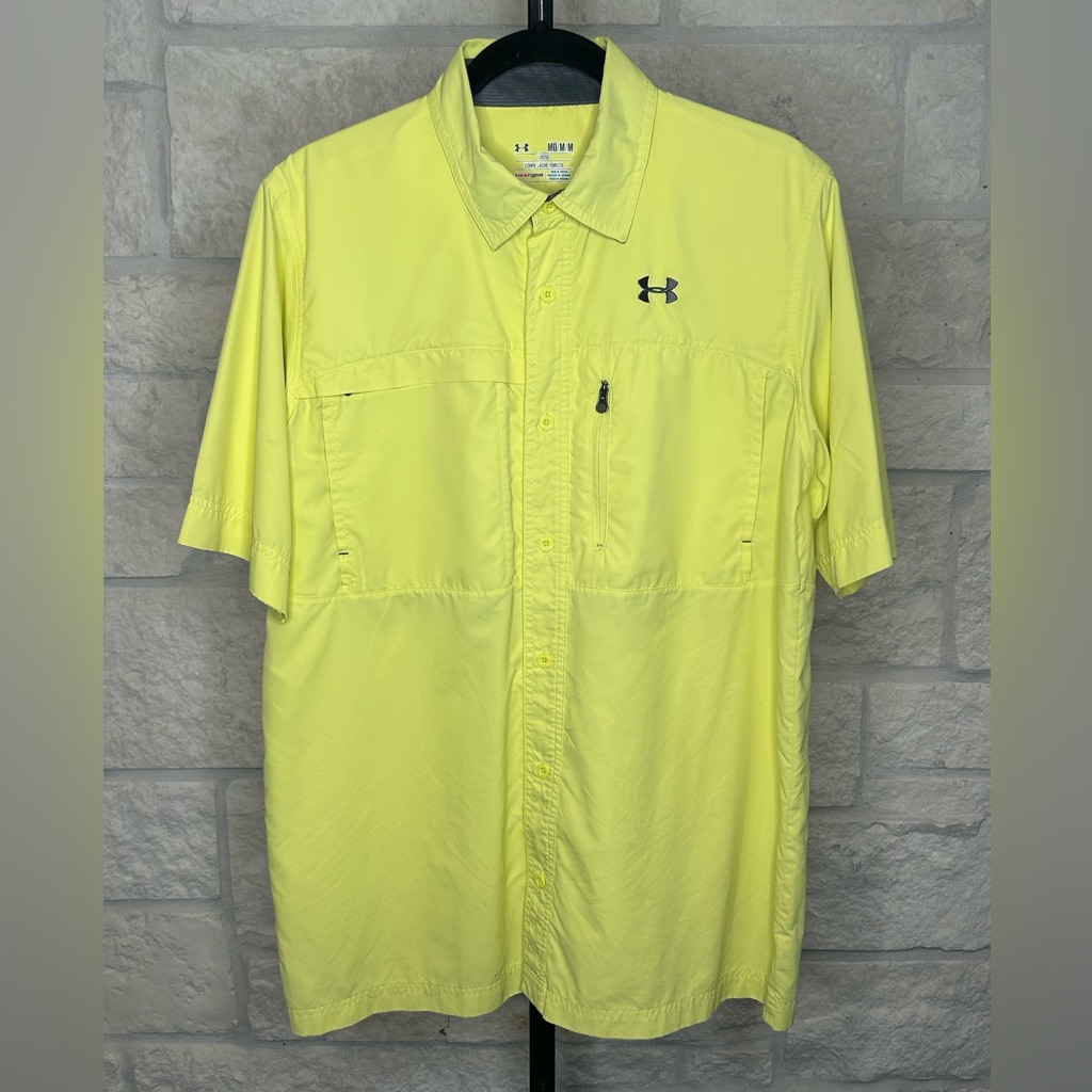 Under Armour Short Sleeve Button Down Fishing Shirt Vibrant Yellow Size Medium